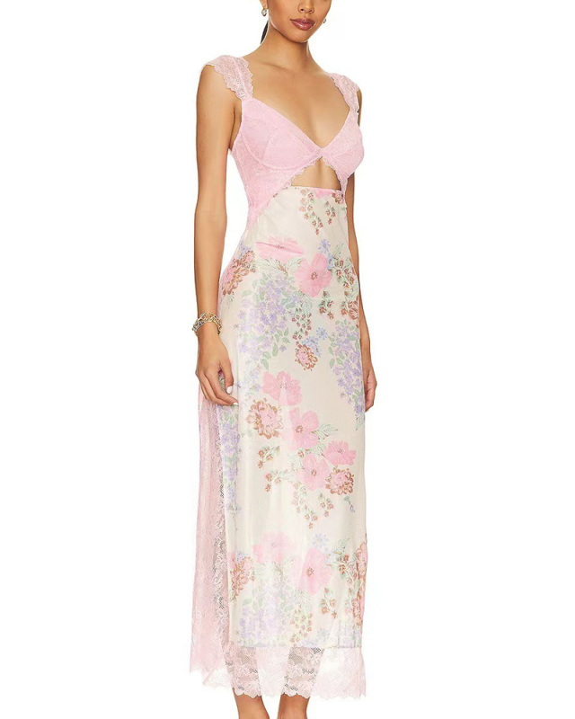Lace Floral Printed Sleeveless Women Long Dress S-L