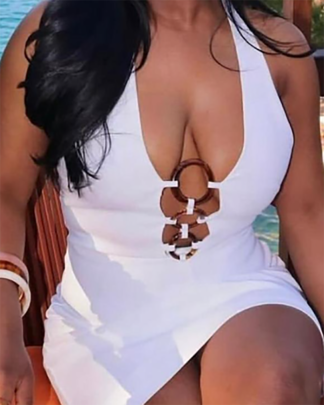 White Sleeveless Deep V-neck Women Summer Dress S-L