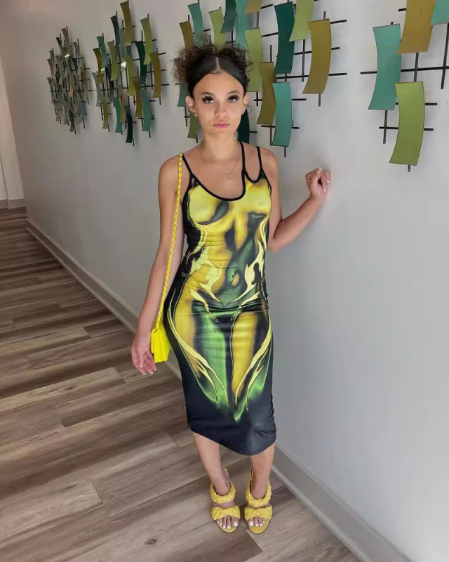 New Sleeveless Suspender Fashionable Body Print Sexy Slim Fit High Waisted Women's Dress S-L