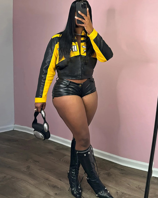 PU Yellow Women Winter Fashion Jacket S-L