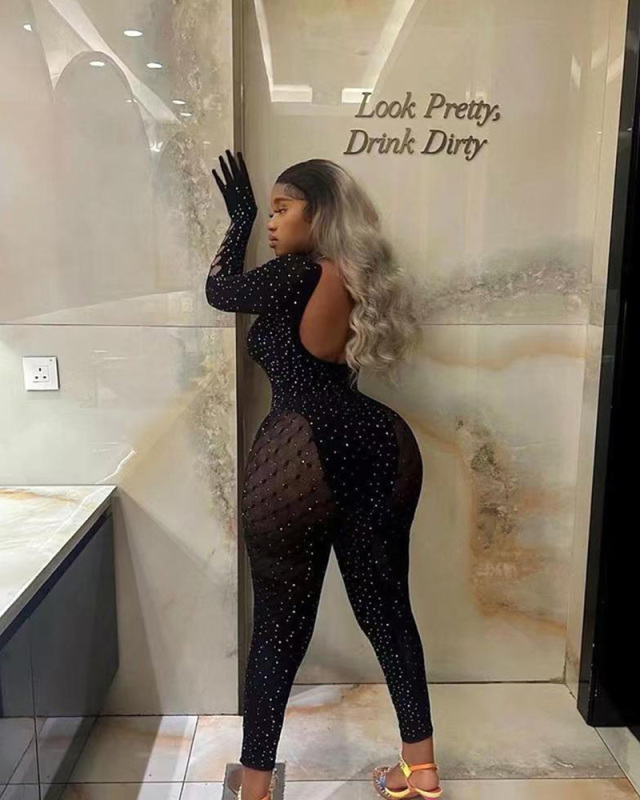 Diamond Fishnet Women Black Open Back Jumpsuit