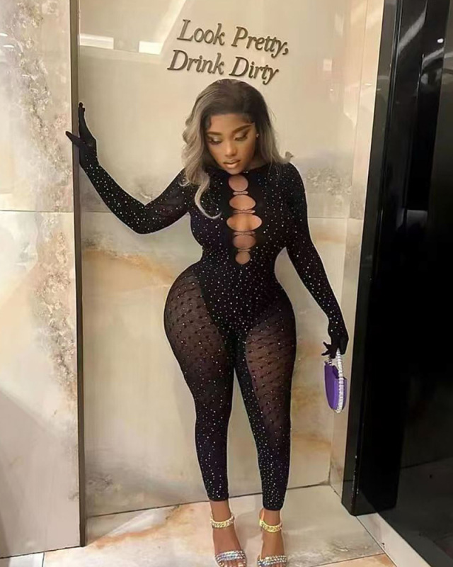 Diamond Fishnet Women Black Open Back Jumpsuit