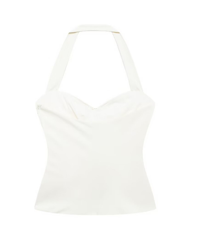 Shell Inlaid Pleated Slim Fit Neck Hanging Collar Top Vest White XS-L