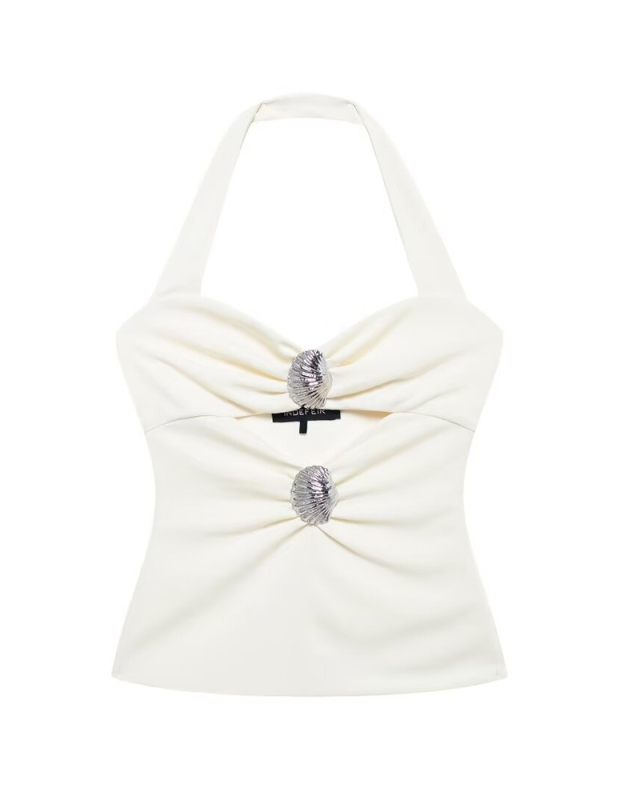Shell Inlaid Pleated Slim Fit Neck Hanging Collar Top Vest White XS-L