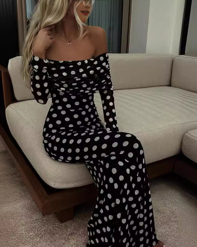 Women Spring Dot Printed Sexy Long Sleeve Off Shoulder Mesh Maxi Dress Black S-2XL