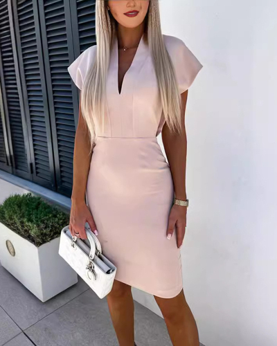 Woman Summer Short Sleeve Slit Solid Color V Neck Elegant Office Lady Dress White Apricot Rosy S-2XL