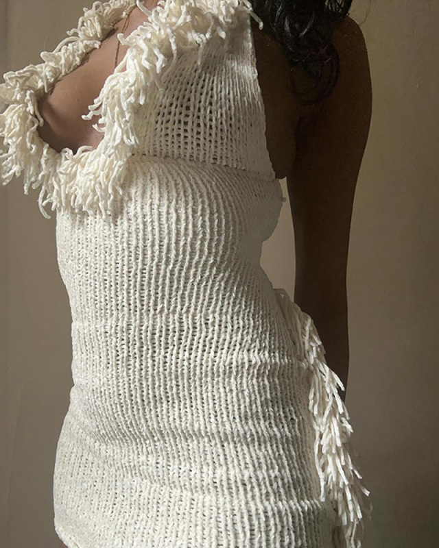 White Open Back Knitted Women Beach Dress S-L