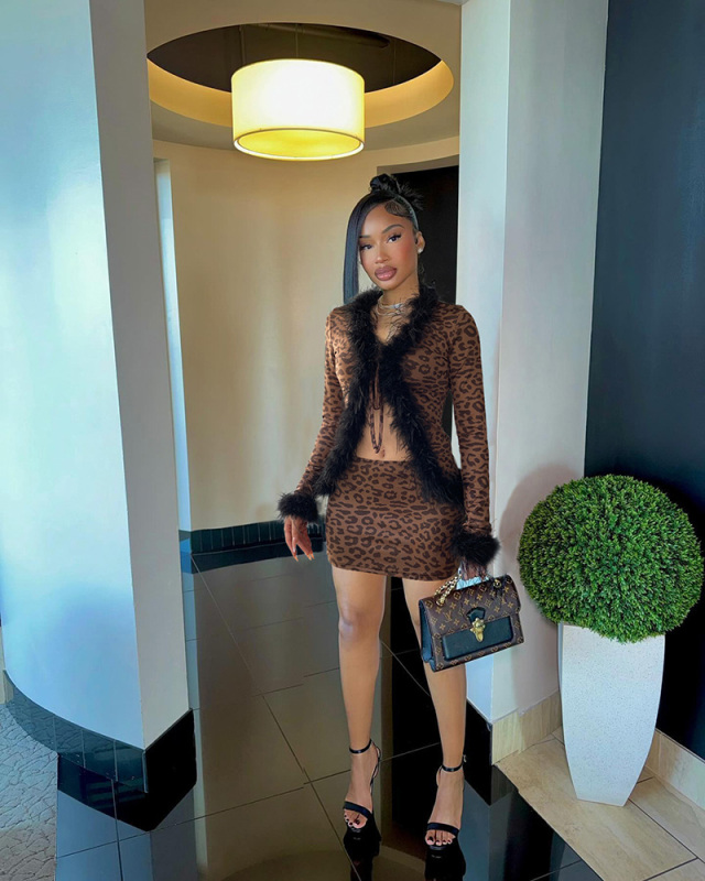 Leopard Printed Cute Sexy Women Two Piece Skirt Set S-L
