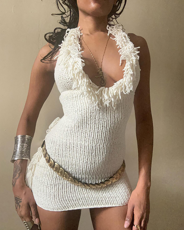 White Open Back Knitted Women Beach Dress S-L