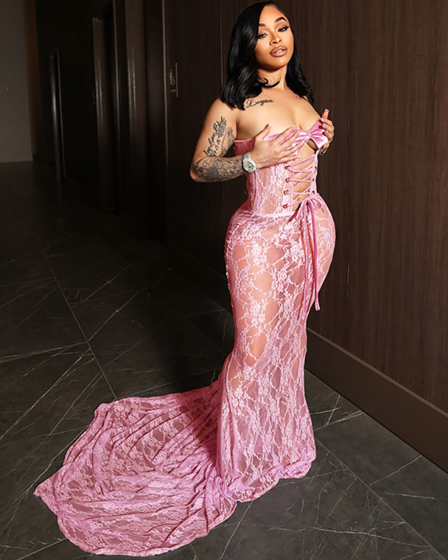 Sleeveless Lace See Through Women Long Dress S-L