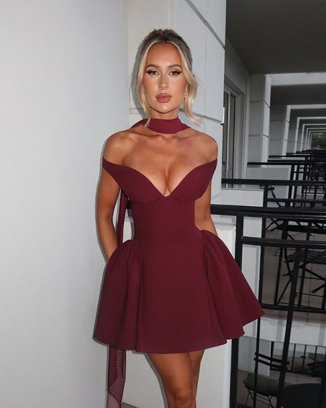 Off Shoulder Wine Red Women Wholesale Lovely Dress S-L
