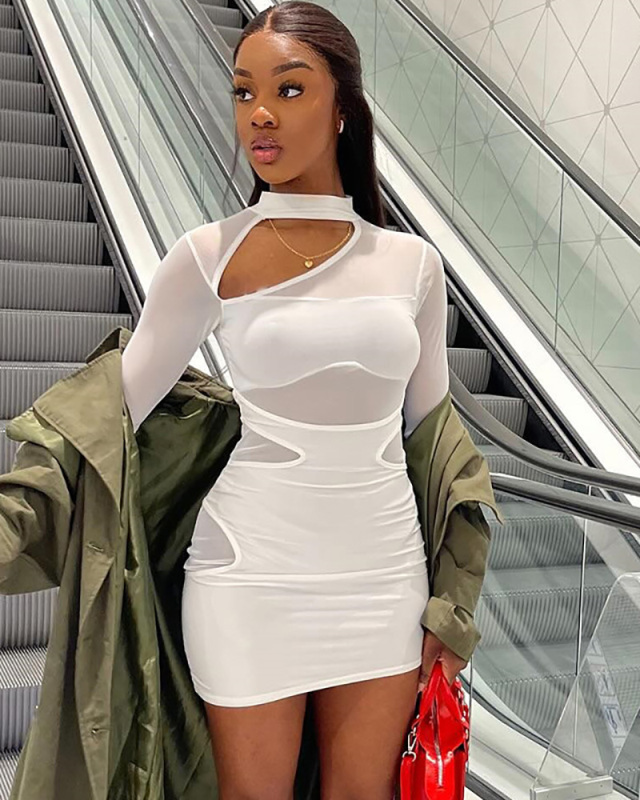 Long Sleeve Mesh Women Slim Causal Dress S-L