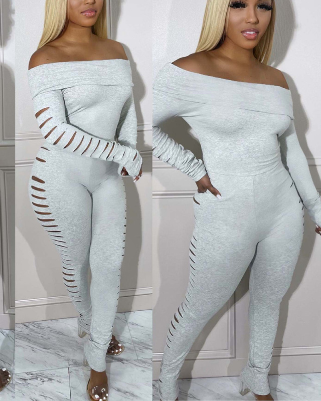 Off Shoulder Long Sleeve Solid Color Women Jumpsuit S-XXL