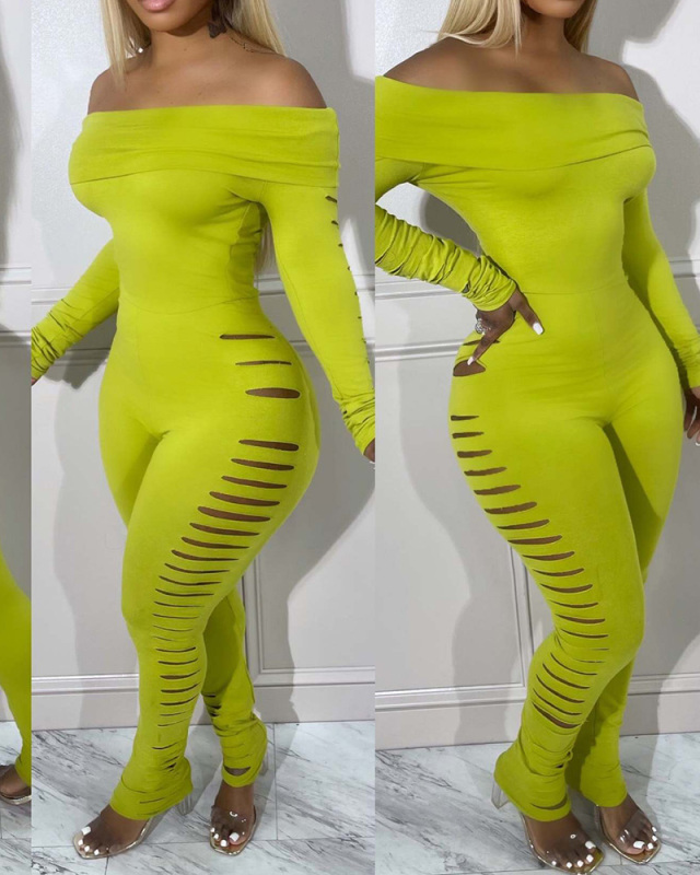 Off Shoulder Long Sleeve Solid Color Women Jumpsuit S-XXL