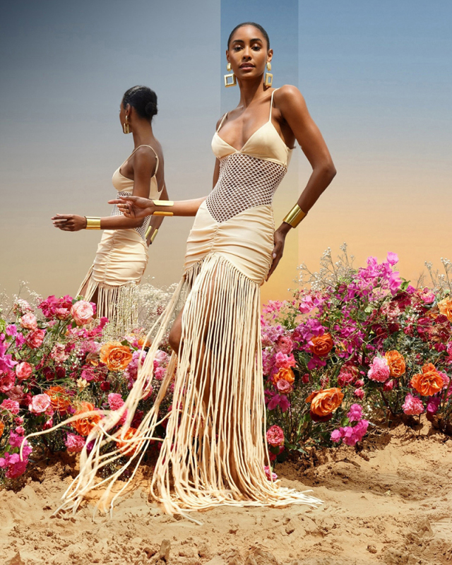 Elegant Women Sling Hollow Out Tassel Maxi Dress Evening Dress Champagne S-L