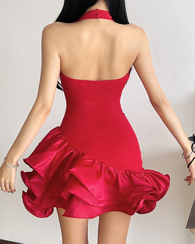 Red Deep V-neck Sleeveless Sexy Dress S-L