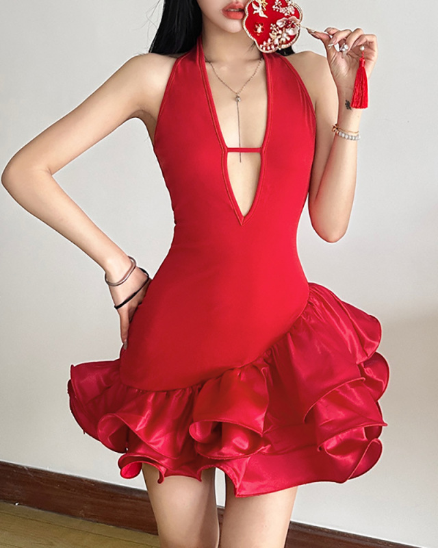Red Deep V-neck Sleeveless Sexy Dress S-L