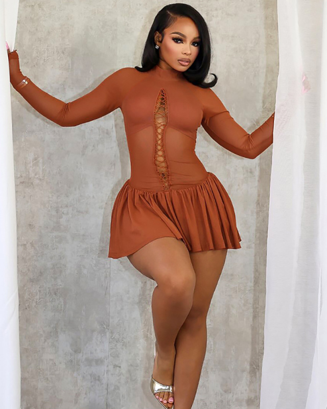 Women Fashion Hollow Out Long Sleeve Midi Dress Black Orange S-L
