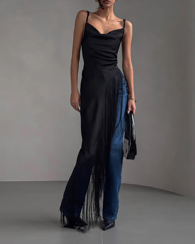 Black Irregular Fringe Sleeveless Top S-L