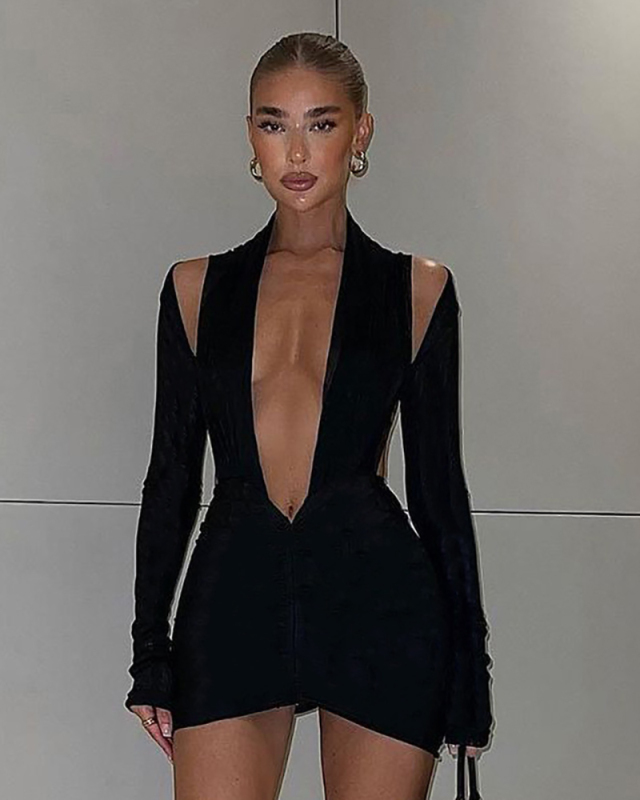 Women Long Sleeve Deep V Neck Sexy Mini Party Black Dress Black S-L