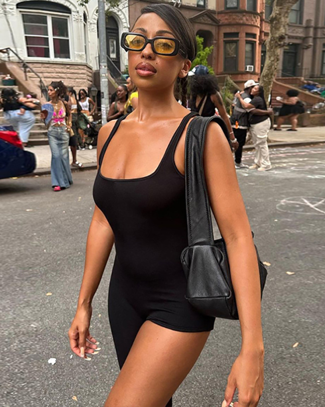 Woman New Sleeveless Street Style One Leg Sling Sexy Jumpsuit Black S-L