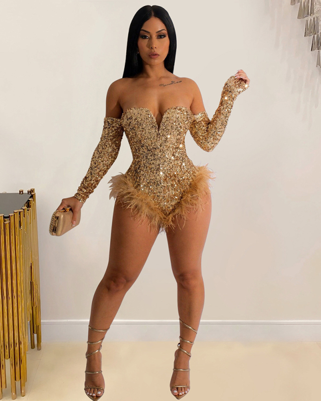 Woman Sequin Long Sleeve Sexy Feather Rompers Black Red Gold Silver S-2XL