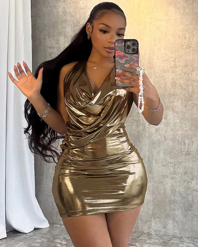 Sleeveless Metal Gold Fashion Short Mini Dress S-L