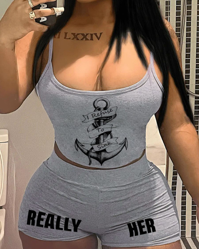 Leisure Printed Grey Women Two Piece Short Set XS-3XL