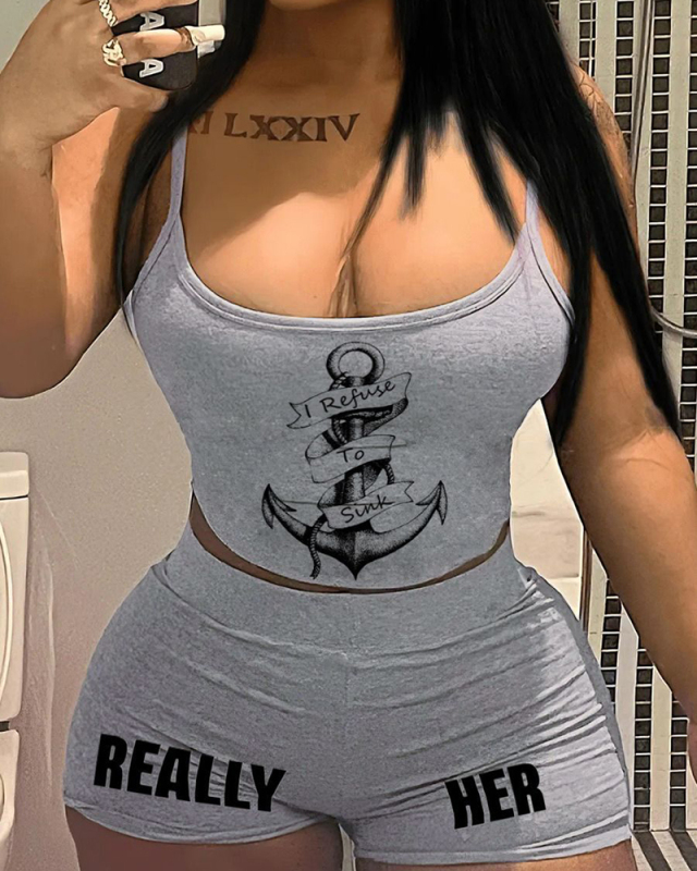 Leisure Printed Grey Women Two Piece Short Set XS-3XL