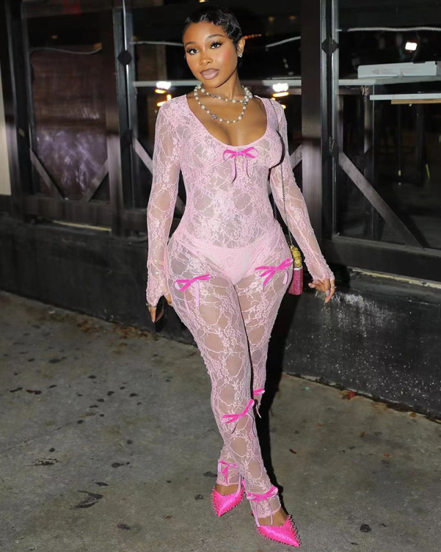 Long Sleeve Lace See Though Women Sexy Jumpsuit S-2XL