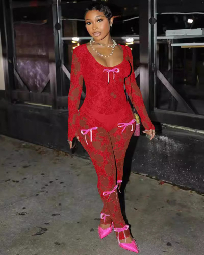 Long Sleeve Lace See Though Women Sexy Jumpsuit S-2XL