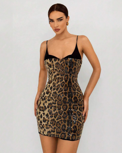 Sequin Sleeveless Women Summer Leopard Dress S-L