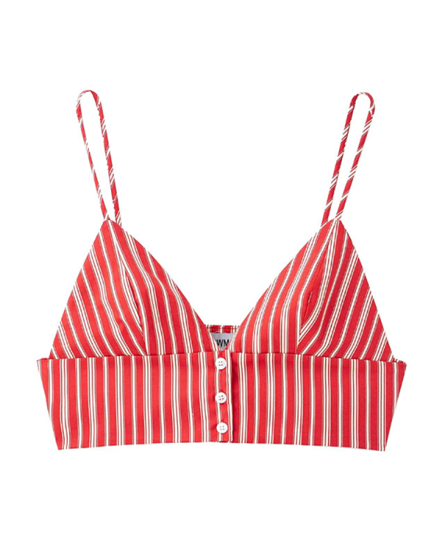 Summer New Fashion Women Sexy Sling Top High Waist Skirt Red Striped Two-piece Sets Red XS-L