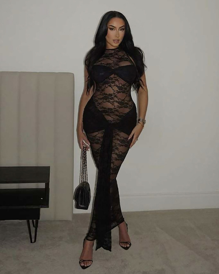 Black Lace Wholesale See Through Women Long Dress S-L