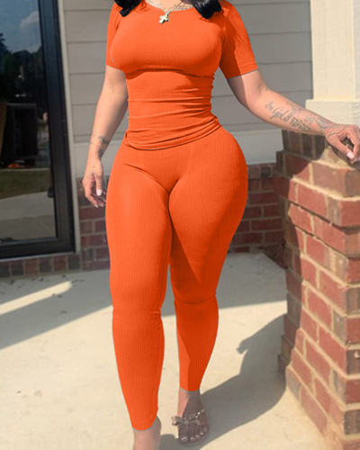 Solid Color Short Sleeve Two Piece Pant Set Outfits S-XXL