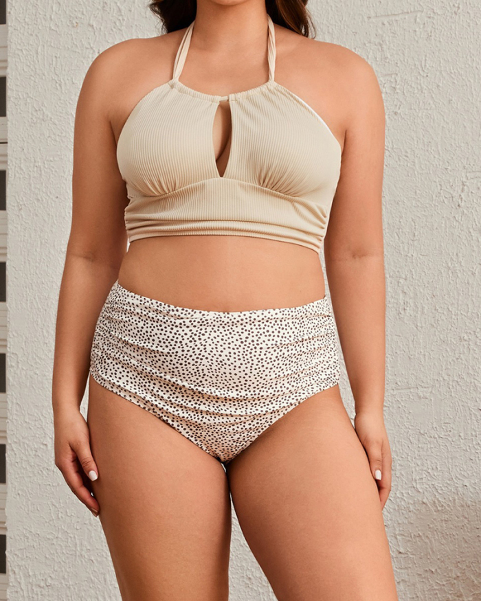 New Women Halter Neck Hollow Out High Waist Sexy Bikinis Plus Size Swimsuit Beige XL-3XL
