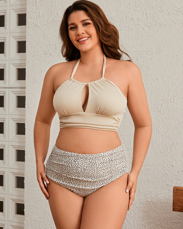 New Women Halter Neck Hollow Out High Waist Sexy Bikinis Plus Size Swimsuit Beige XL-3XL