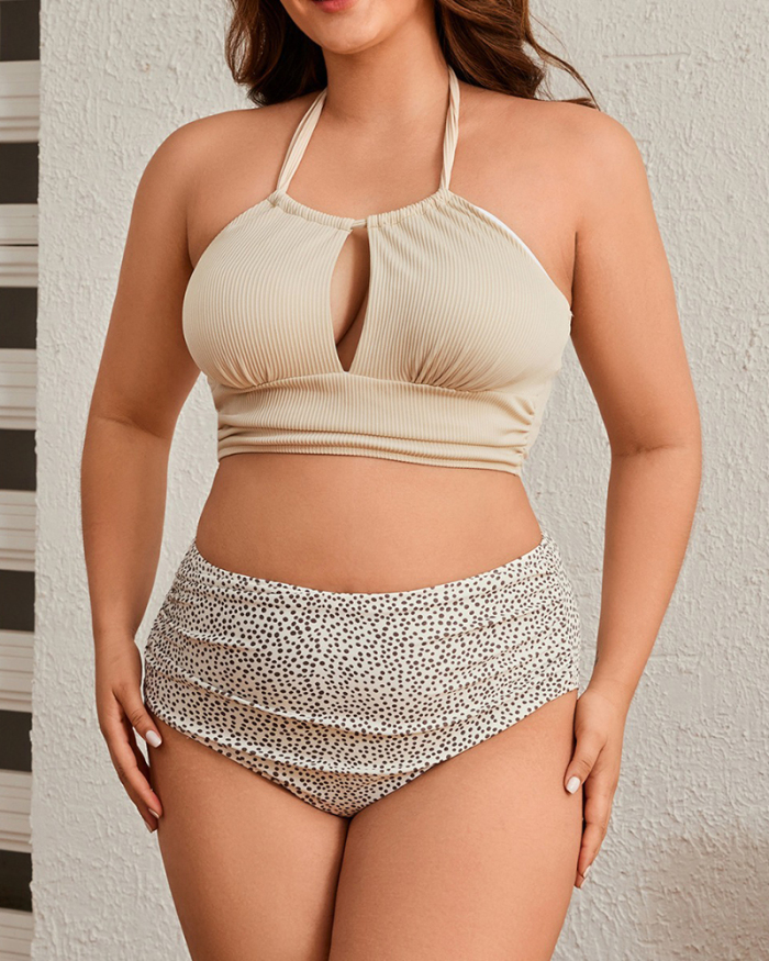 New Women Halter Neck Hollow Out High Waist Sexy Bikinis Plus Size Swimsuit Beige XL-3XL