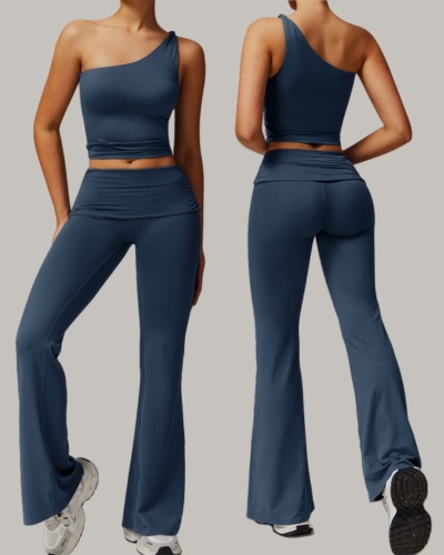 Women OEM Customize LOGO Slash Neck Vest Fold Waist Wide Leg Pants Sports Two Piece Sets S-XL