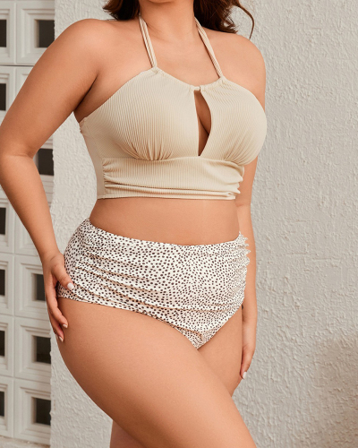 New Women Halter Neck Hollow Out High Waist Sexy Bikinis Plus Size Swimsuit Beige XL-3XL