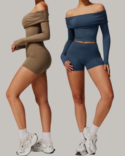 Women Customize Off Shoulder Long Sleeve T-shirt Hips Lift Shorts Yoga Two-piece Sets 