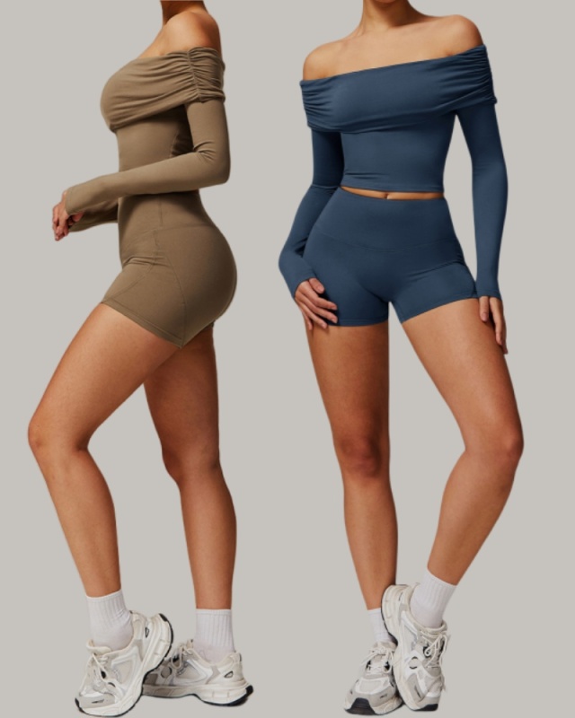 Women Customize Off Shoulder Long Sleeve T-shirt Hips Lift Shorts Yoga Two-piece Sets 