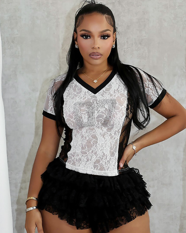 Wholesale V-neck Lace Fashion Y2K Short Sleeve T-Shirt S-XL