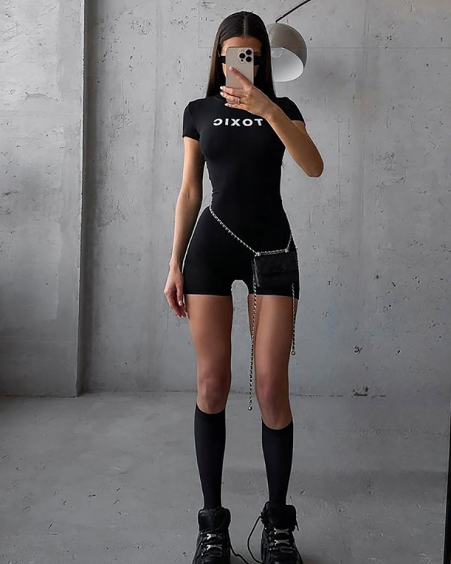 Black Letter Printed Women Short Jumpsuit S-L