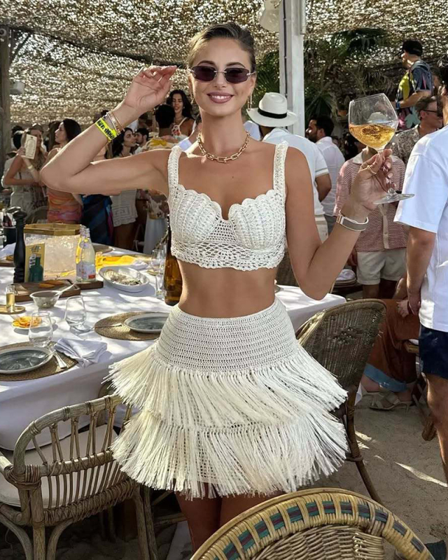 High Fashion Women Crochet Knitted Two Piece Skirt Set S-XL