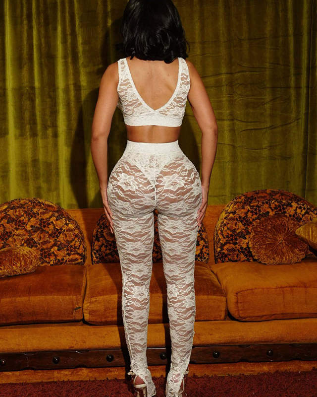 Women Wholesale Lace See Through Two Piece Pant Set S-XXL