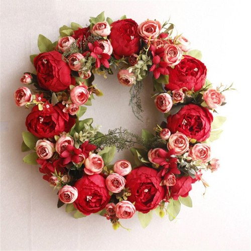 High Quality Diy Christmas Wreath Material Pink Rose Red Peony Artificial Flower Valentine's Day Wreaths 40cm Door Decoration