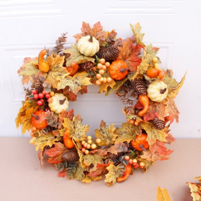 50cm Artificial Pumpkin Wreath Autumn Harvest Maple Leaf Front Door Garland Thanksgiving Decoration Halloween Party Supplies