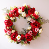 High Quality Diy Christmas Wreath Material Pink Rose Red Peony Artificial Flower Valentine's Day Wreaths 40cm Door Decoration