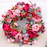 Decorative Door Wreath,Silk Flower Peony Head Flower Wreath 40cm Handmade Garland for Autumn Winter Outdoor Display Red